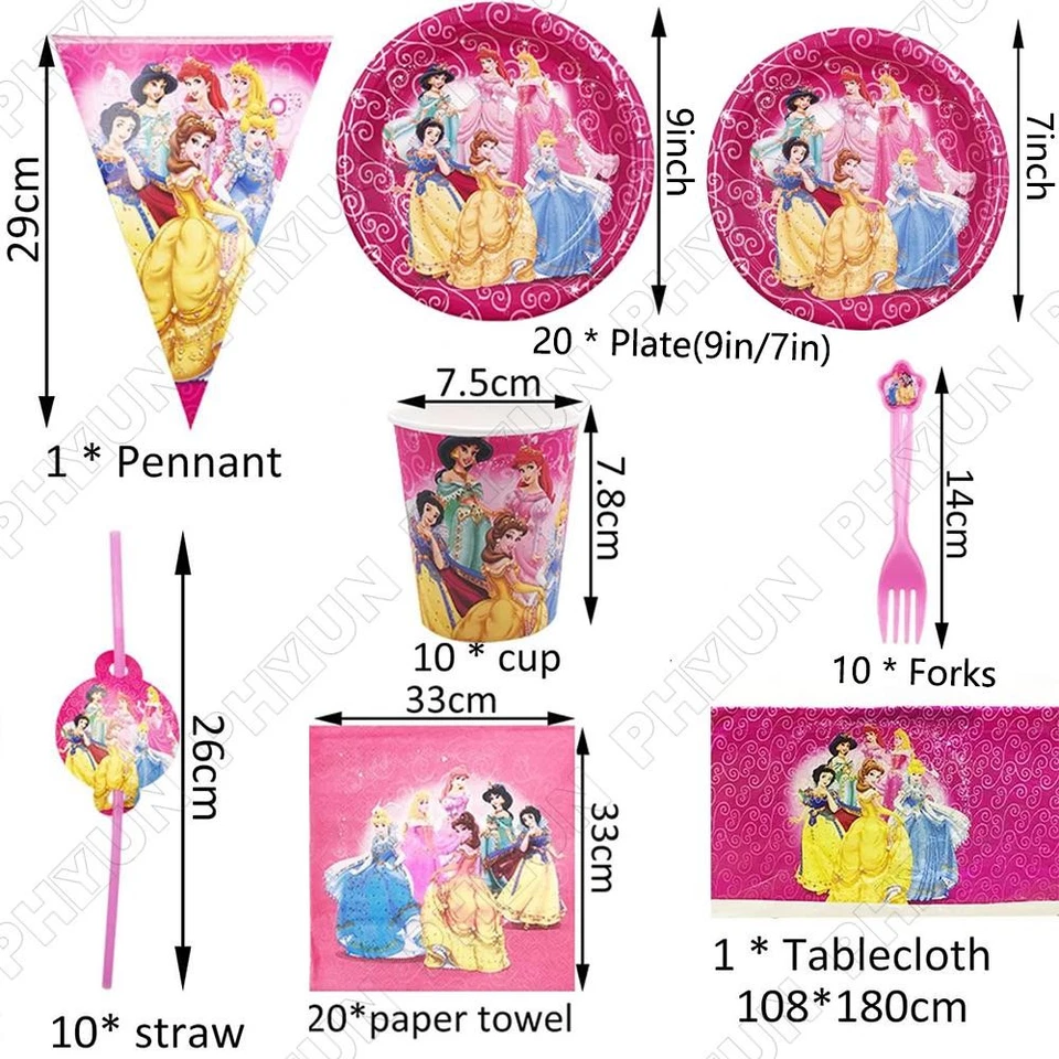 Disney Princesses Themed Birthday Party Decor Supplies + Tableware For 10 Guests - Image 2 of 4