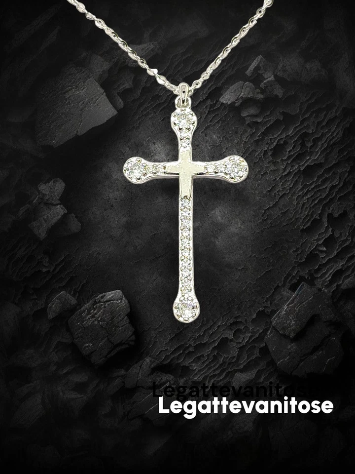 collana Donna con croce argento 925 rodiato . croce con zirconi Catenina 50 cm - Immagine 2 di 4