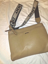 DKNY Beige Pebbled Leather Zip Crossbody Bag w/ Logo Strap Gold Hardware