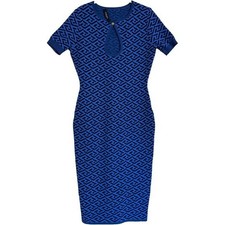 VERSACE La Greca Jacquard Keyhole Sweater Dress Logo-print Stretch Blue Size 10
