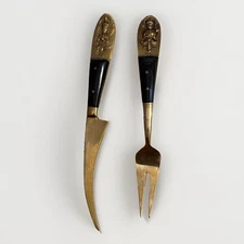 VTG Siam Meat Fork & Knife Set Brass/ Partial Wood Handle