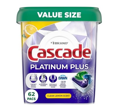 Cascade Platinum Plus Dishwasher Pods Clean Lemon Scent 62 Count NEW, SEALED BOX