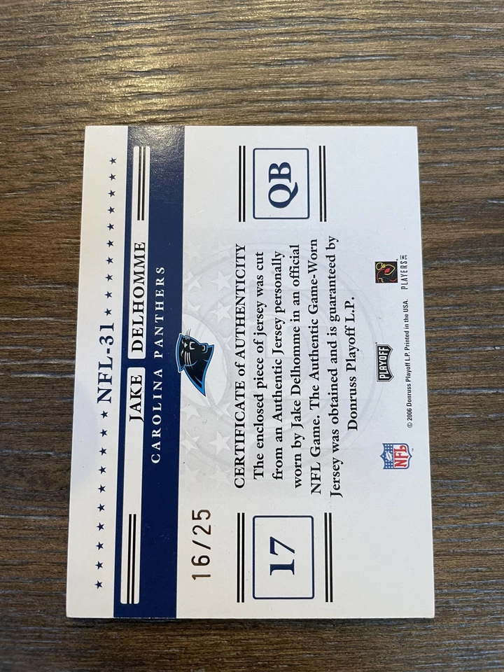 2006 Playoff Prestige #NFL-31 Jake Delhomme Stars of the NFL Jerseys Prime #/25 - Image 2 of 2