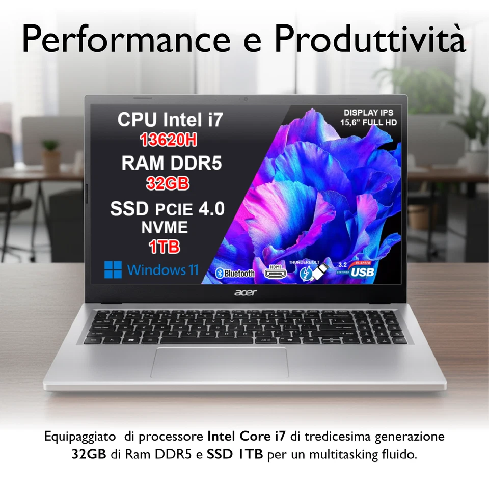 Notebook Acer Aspire Go 15.6" FHD i7-13620H 32GB RAM 1TB SSD Win11 Home Silver - Immagine 2 di 4
