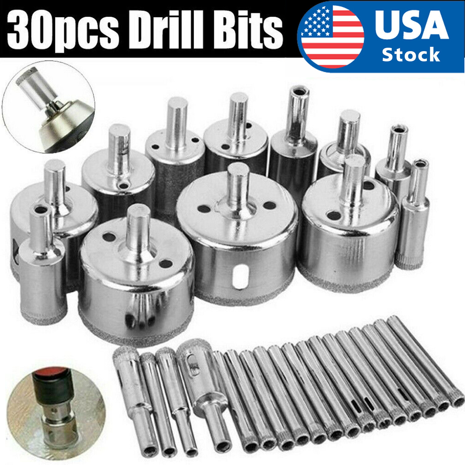 15/30pc Diamond Hole Saw Drill Bit Set Maker Cutter Glass Ce