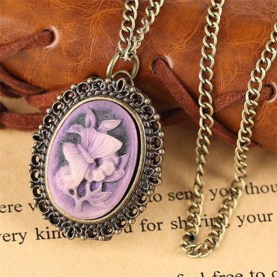 Bronze Mini Oval Shape Quartz Pocket Watch Necklace Chain for Girl Lady Women