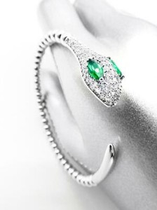 Authentic STUNNING Thin 18kt White Gold Plated Pave Green Crystals Serpent Snake Bracelet