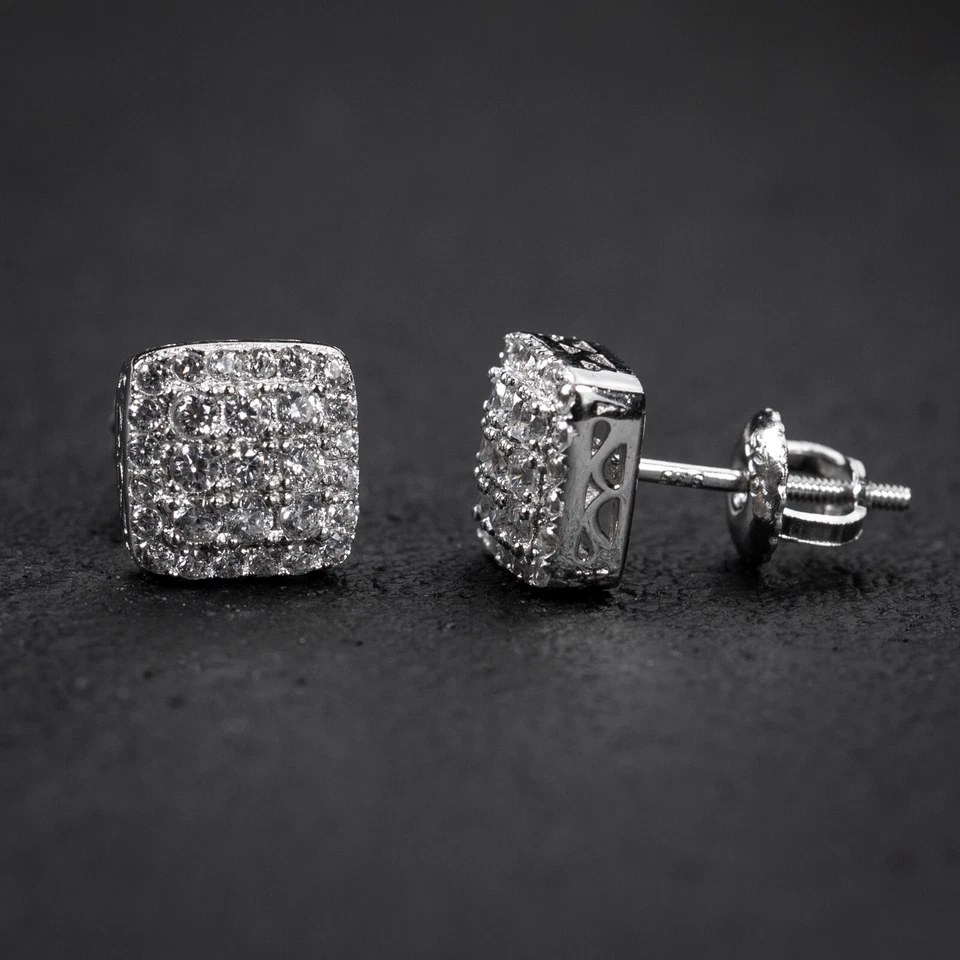 Aretes pequeños de plata de ley 925 con forma de cubo cuadrado helado de hip hop circonita cúbica para hombre Foto 2 de 4