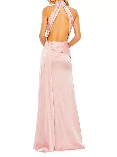 Ieena Mac Duggal Shell Pink Side Ruched Satin Halter Open Back Gown Size 12 $398 - Image 2 of 3