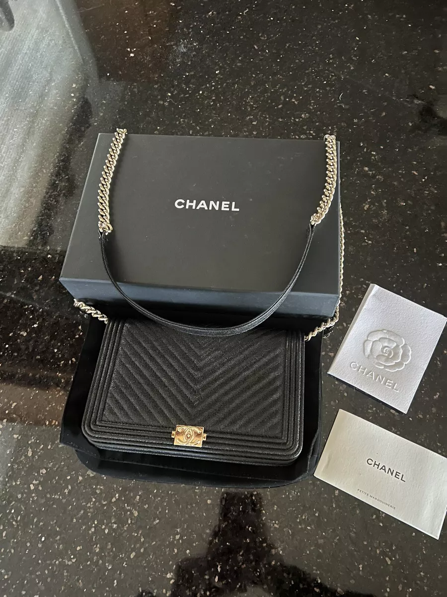Chanel Caviar Chevron Boy Wallet on Chain Black GHW