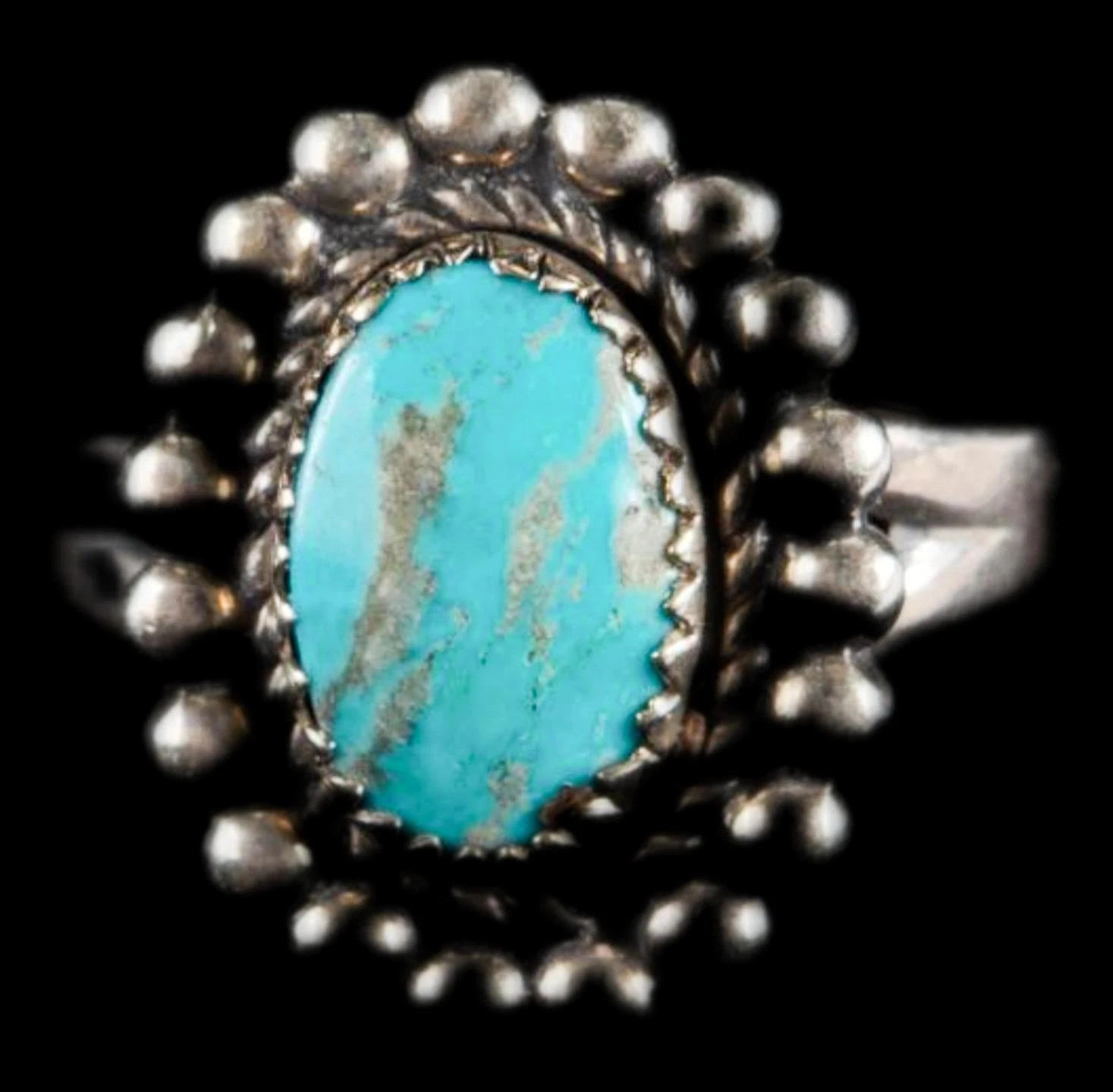 Vintage Native American Sterling Silver Turquoise Ring Fancy Bead Design 4.9gr