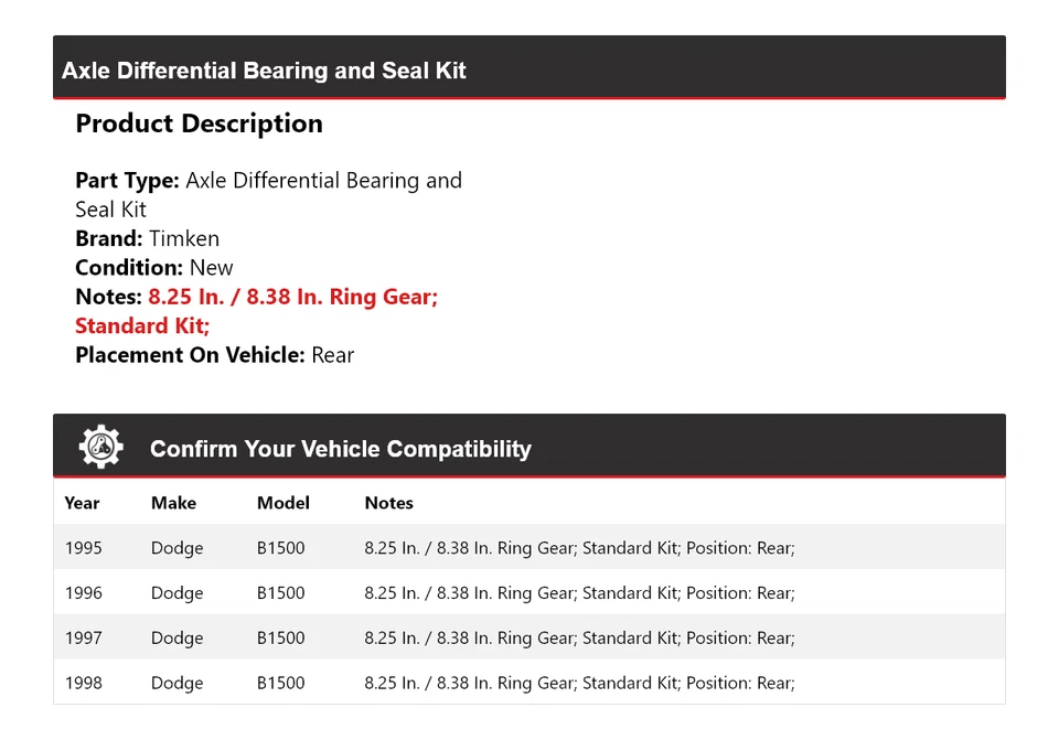 Kit de cojinete y sello diferencial de eje trasero Timken para Dodge B1500 1995-1998 Foto 2 de 3