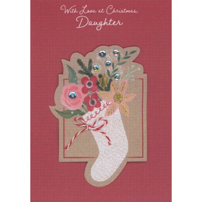 White Stocking on Brown 3D Panel String Bow Sequins Christmas Card Daughter