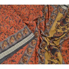 Sanskriti Vintage Orange Indian Sarees Art Silk Fabric Craft Warli Printed Sari