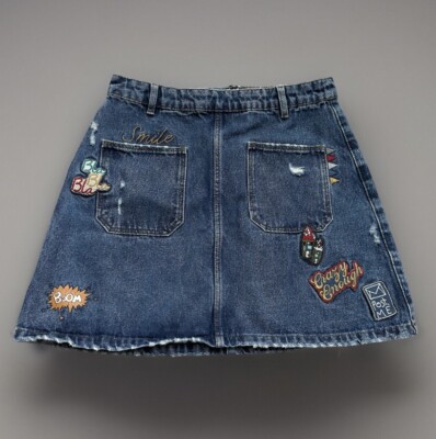 Zara Trafaluc Denim Makers Skirt Women s SMALL Patches Distressed Mini Jean BLUE