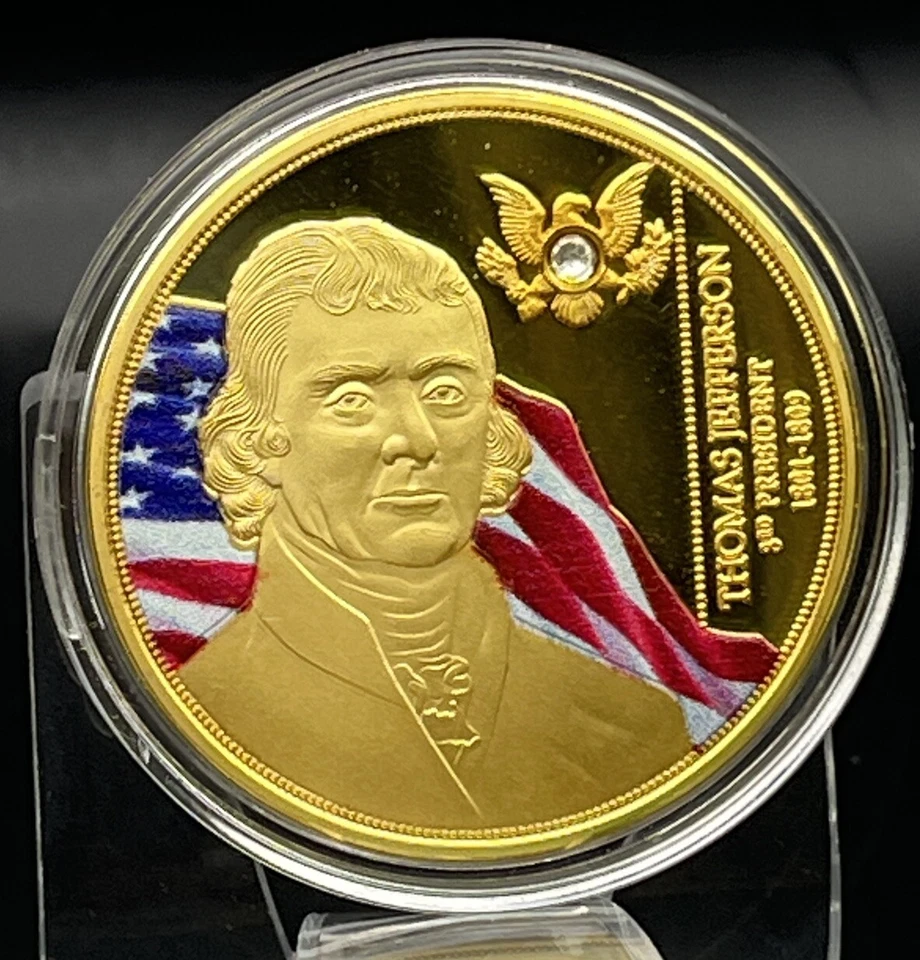 President Jefferson/Kennedy/Reagan RARE Lot (3) Gold-plate Swarovski Comm. Coins - Image 3 of 4