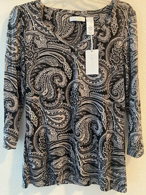Liz Wear Women's Gray /black Paisley 3/4 Sleeve V-Neck Top Size Medium NWT