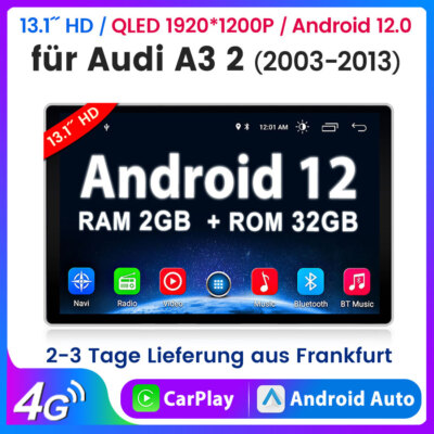 13.1Zoll Autoradio Android12 GPS Navi 4G Carplay 2+32GB für Audi A3 8P Sportback
