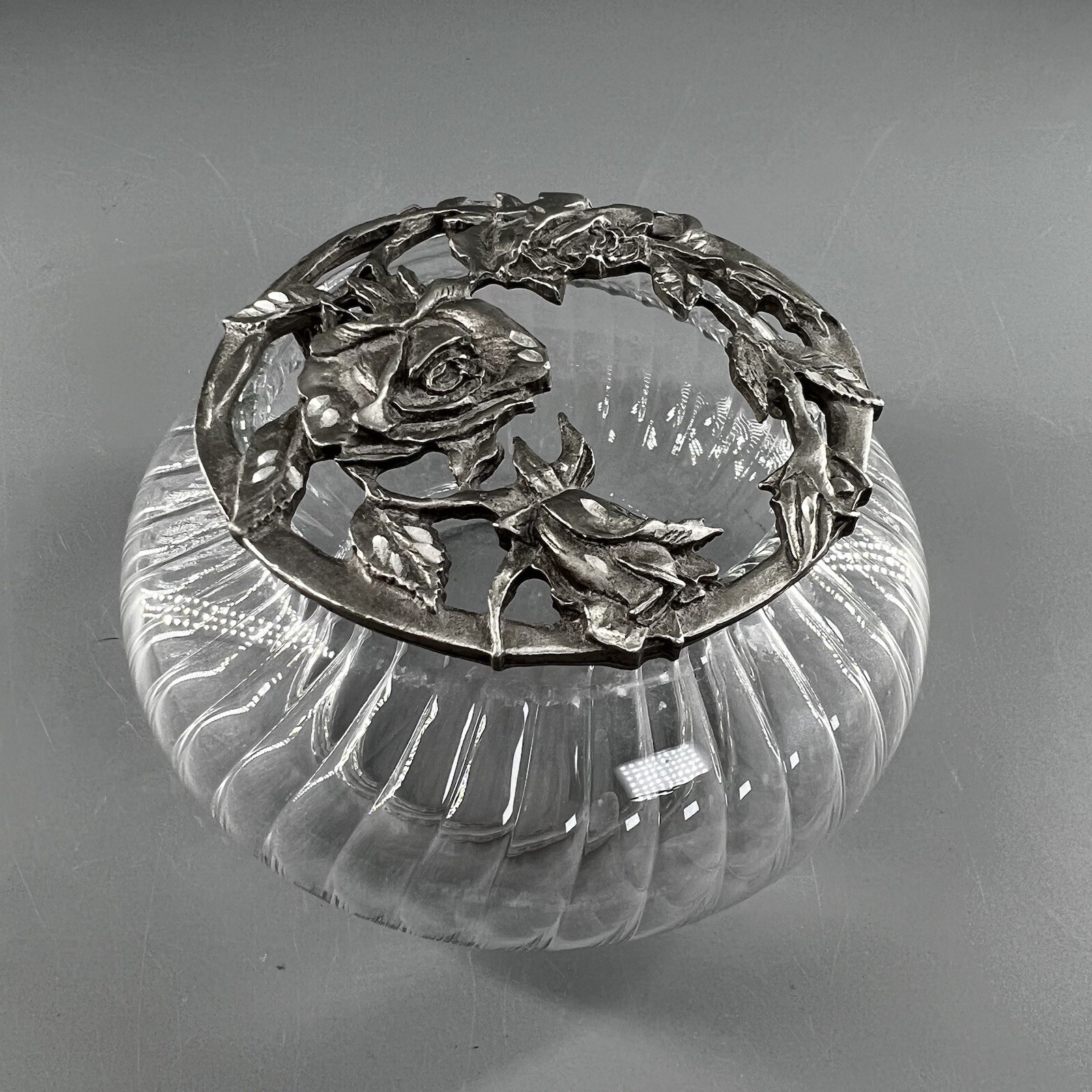 Vintage 1990 Rawcliffe Pewter Top Roses Lid on Glass Potpourri Bowl Jar