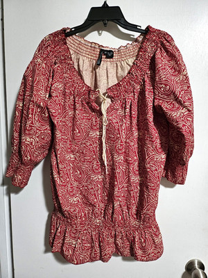 RU Cowgirl Top Red & White Floral Elastic Gathered Neckline, cuffs and Waist XXL