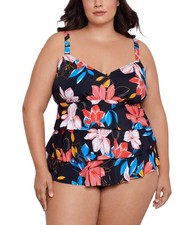 NWT Swim Solutions Plus Size Tiered Floral-Print One Piece, Flo