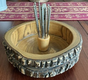 VTG Elwood Rustic Bark Nut Bowl With Nutcracker And 6 Picks