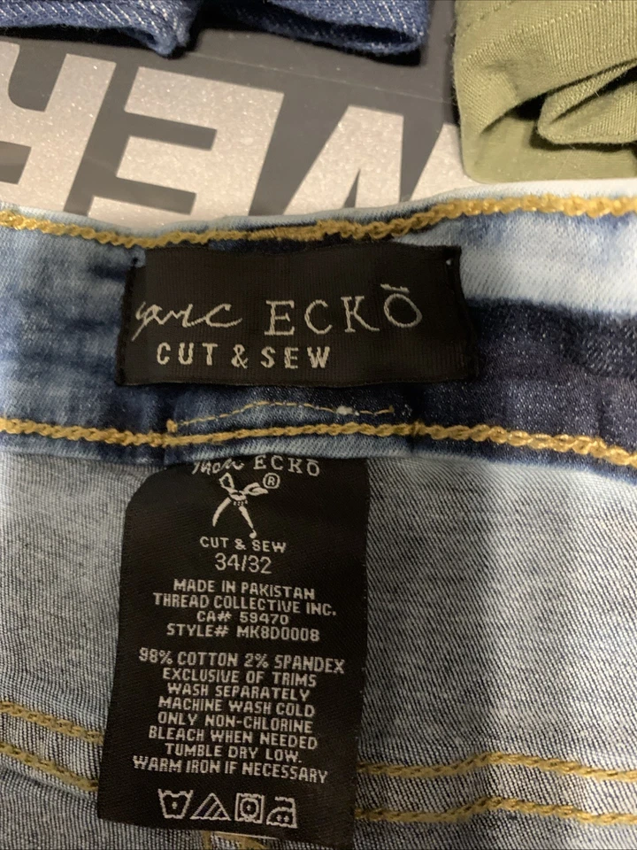 Pantalones de mezclilla Marc Ecko corte y costura para hombre 34x29 azules bolsillos bigotes rectos Foto 3 de 4