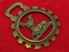 Antique Cast Horse Brass of a Stag Couchant in a Triple Crown Surround #CL06
