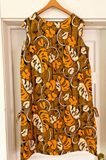 Vtg Hookano Hawaii Dress Large Brown Orange Floral Leaf 60s 70s Tropical Luau L