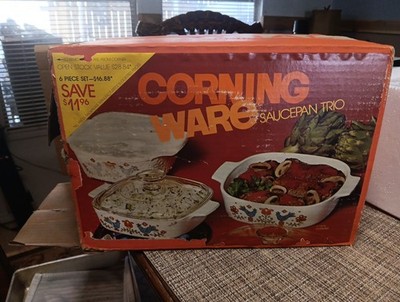 Vintage Corning Ware Saucepan Trio Country Festival NEW Open Box (Box Rough)