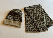 Michael Kors MK Signature Knit Tan  Black Hat and Scarf Set One Size
