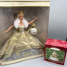 Vintage Barbie 2000 Holiday Collection & Hallmark Keepsake Christmas Ornament