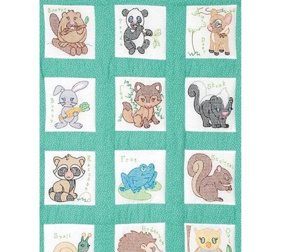 J Dempsey NURSERY QUILT BLOCKS 12Pc Cross Stitch Embroidery FOREST FRIENDS 9 x 9