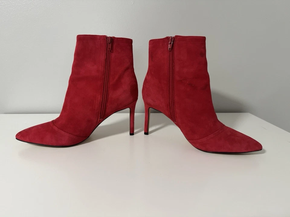 Nine West 红色麂皮绒踝靴女式 9M 码尖头细跟拉链 — 第 4/4 张图片