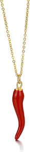 Authentic Italian Horn Necklace - 14K Gold Plated Cornicello Red Horn Pepper Necklace Amul
