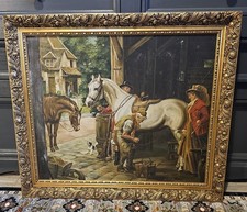 Vintage Oil Painting With Ornate Antique Style Frame Farrier Stable Horses Hunt