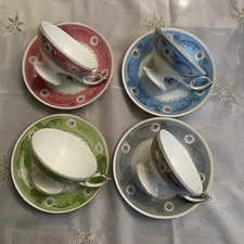 Shafford Japan Floral 4 Set Green, Pink, Blue, Grey Footed Tea Cups & Saucers