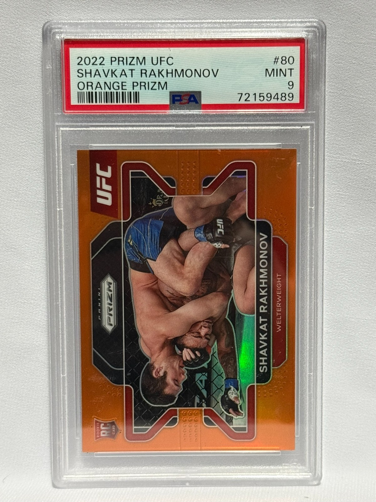 2022 Prizm UFC Shavkat Rakhmonov RC #80 ORANGE Prizm 04/99 PSA 9 view 2
