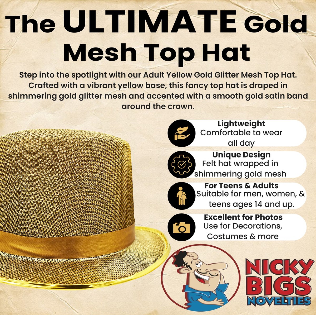 Gold Sequined & Beaded Large Brim Hat Gold LED Sequin Fedora – Windy City Novelties main image 2