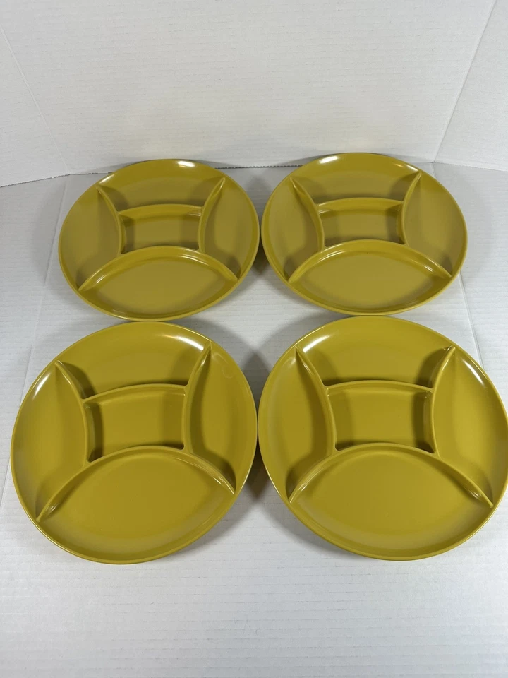 SET OF 4 VINTAGE mustard yellow DIVIDED MELMAC fondue PLATES IMPERIAL JAPAN 9" - Image 4 of 4