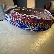 Two Southwestern Beaded Leather Belt Women s Brown Multicolor Seed Bead 34 inch