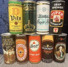 Lot Of 9 Pull Tab 15.5oz BEER CANS New Castle BASS Faxe Fad PIPER Carlsberg MORE