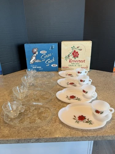 Rosecrest FEDERAL GLASS 8 Piece Snack Plate Set & Anchor Hocking NIB