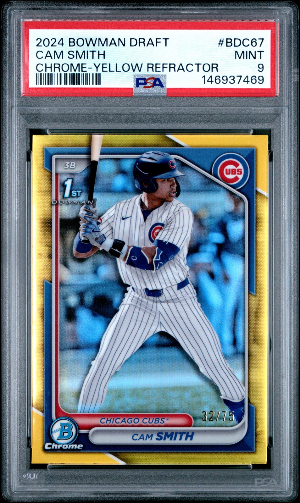 2024 BOWMAN DRAFT CHROME-YELLOW REFRACTOR #BDC67 CAM SMITH 32/75 PSA 9