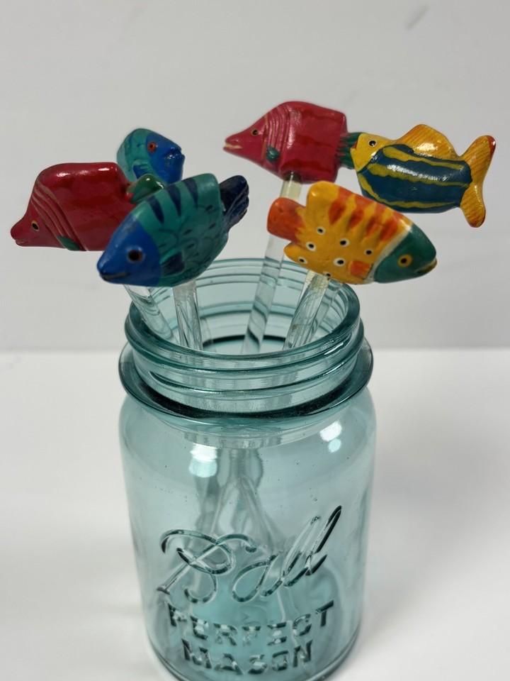 Vtg Glass Swizzle Sticks Cocktail Stirrers - Tropical Fish Set of 6