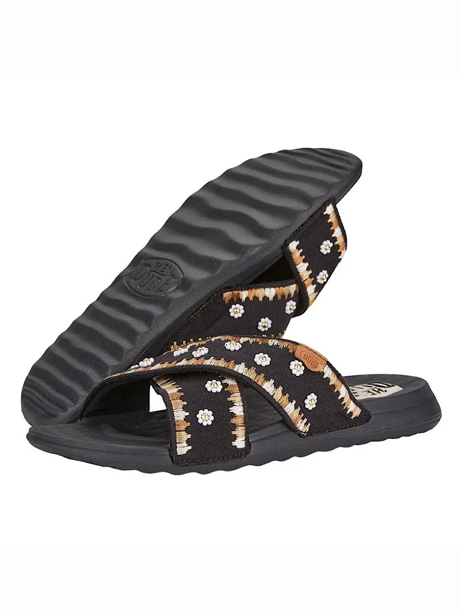 Hey Dude Christi Slide Embroidered Black Womens