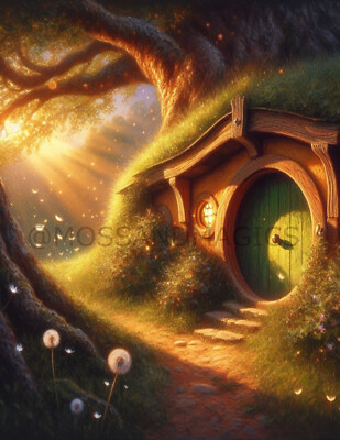 Hobbit Home green door Lord of the rings Spring Tree dandelions Shire Art print