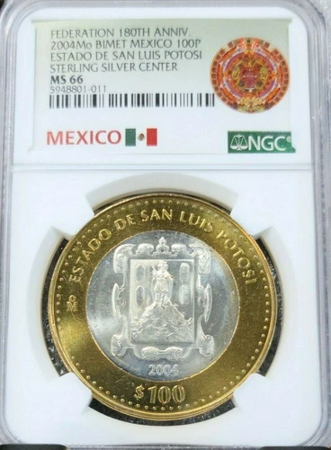 2004 MEXICO SILVER 100 PESOS ESTADO DE SAN LUIS POTOSI NGC MS 66 RARE TOP POP 1