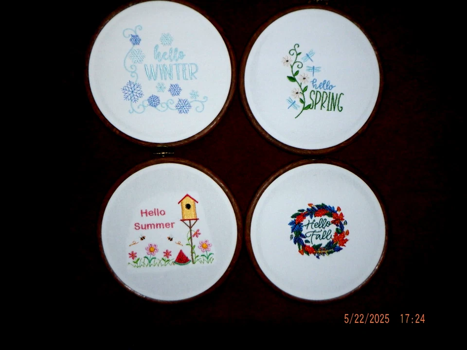 EMBRODERY, 4 SEASONS WITH 6" ROUND FRAMES W/HANGERS HAND/MACHINE EMBROIDERY USA - Image 3 of 3