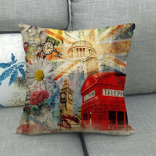 18" Union Jack British Flag Pillow Case London Bus Telephone Booth Cushion Cover - Picture 25 of 66